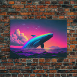 Humpback whale breaching a rainbow, vaporwave art, synthwave animal print, framed canvas print