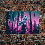 White owl in synthwave forest, vaporwave style animal print art, framed canvas print