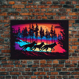 Wolves on the hunt at sunset, synthwave animal art, framed canvas print, vaporwave aesthetic animal art