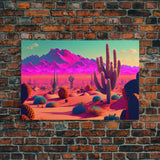 Vaporwave Aesthetic Cactus Art, Retro Desert Abstract, framed canvas print, Arizona art