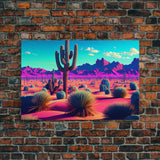 Synthwave Style Cactus Art, Retro Desert Abstract, framed canvas print, Arizona art