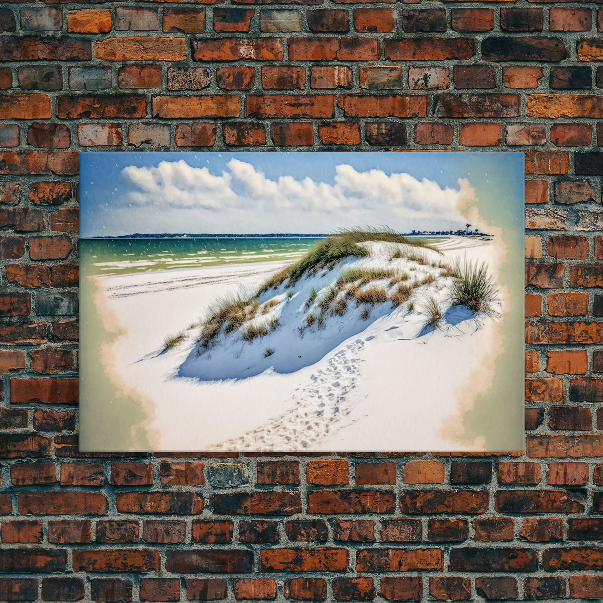 Whimsical watercolor of sand dunes on a beach, framed canvas print, beautiful living room wall art