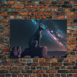 Cheetah overlooking the valley, synthwave retro style animal prints, framed canvas print, framed wall art, starry Africa night sky