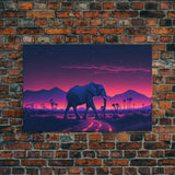 Elephant Art | Framed Canvas Print | Synthwave Style Framed Wall Art | Animal Prints | Elephant Walks Under A Full Moon | Kid's Room Decor