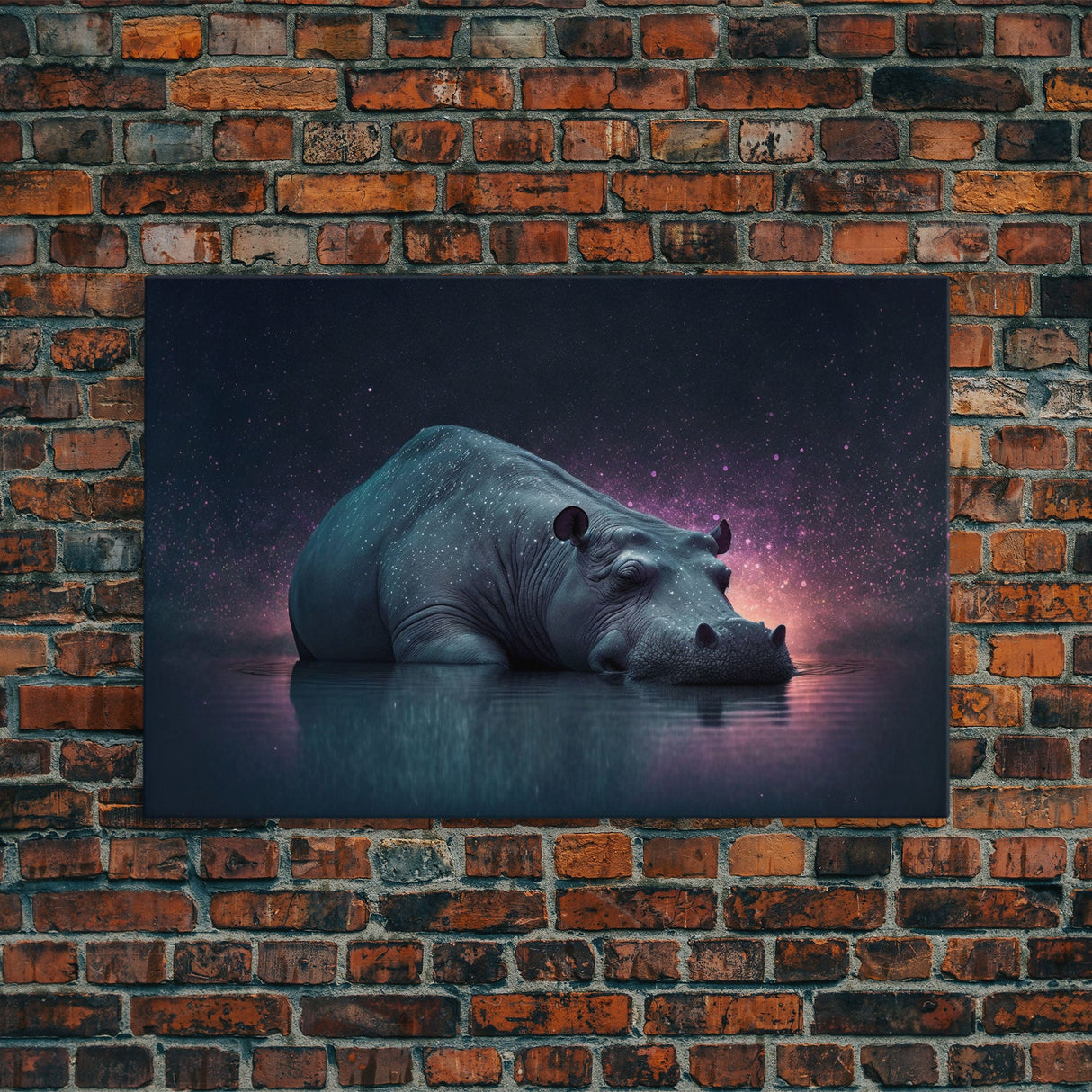 Sleepy Hippo, Animal Prints, framed canvas prints, wildlife art, starry night pastel hue art