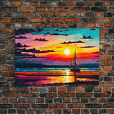 Sailing at Sunset, Watercolor Painting Canvas Print, Framed Wall Art, Unique Sunset Pop Art Ocean Landscape Decor