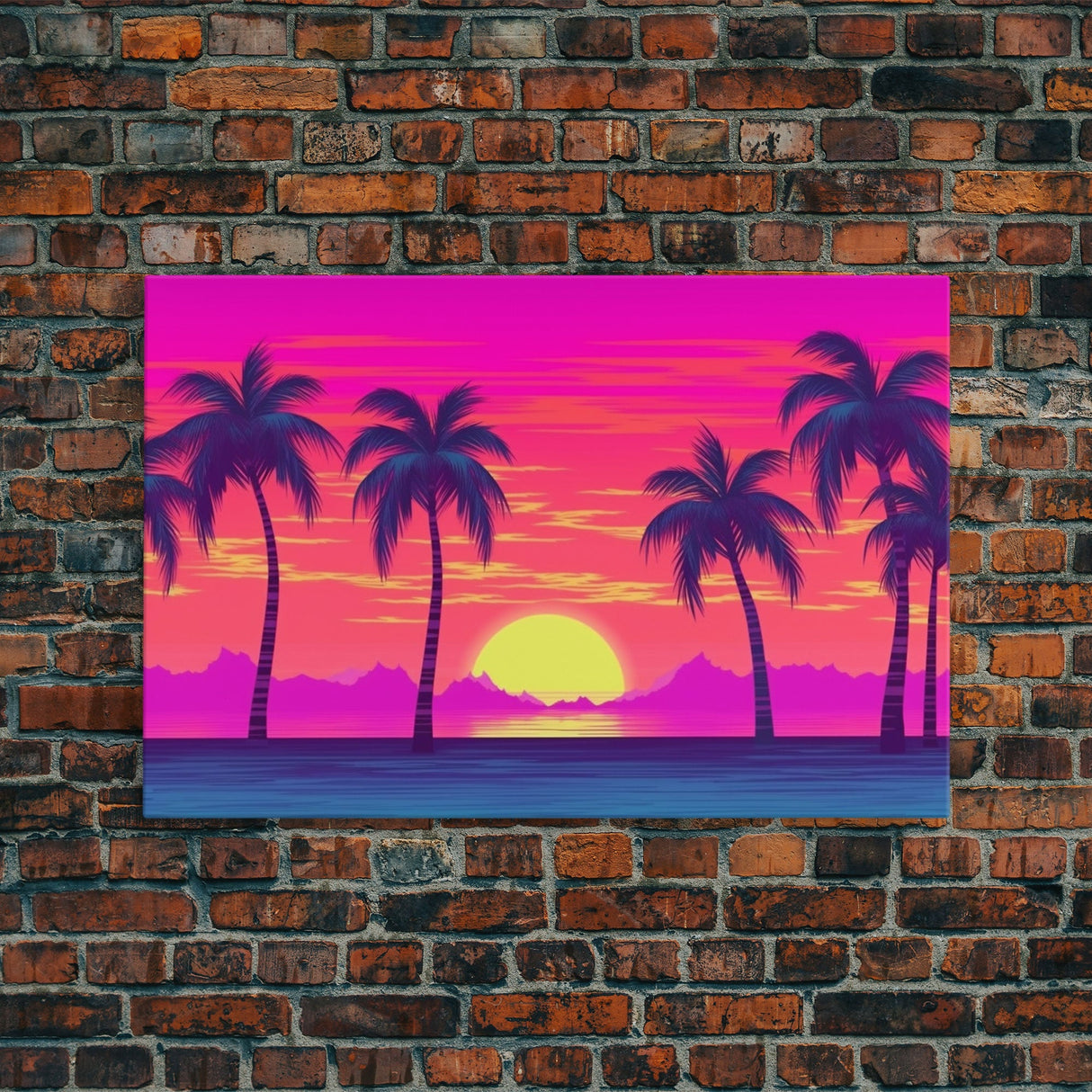 Beach sunset Wall Art, Framed Canvas Print, Colorful painting, Vibrant art, Synthwave Style, Warm Colors, Pop Art style, Tropical art