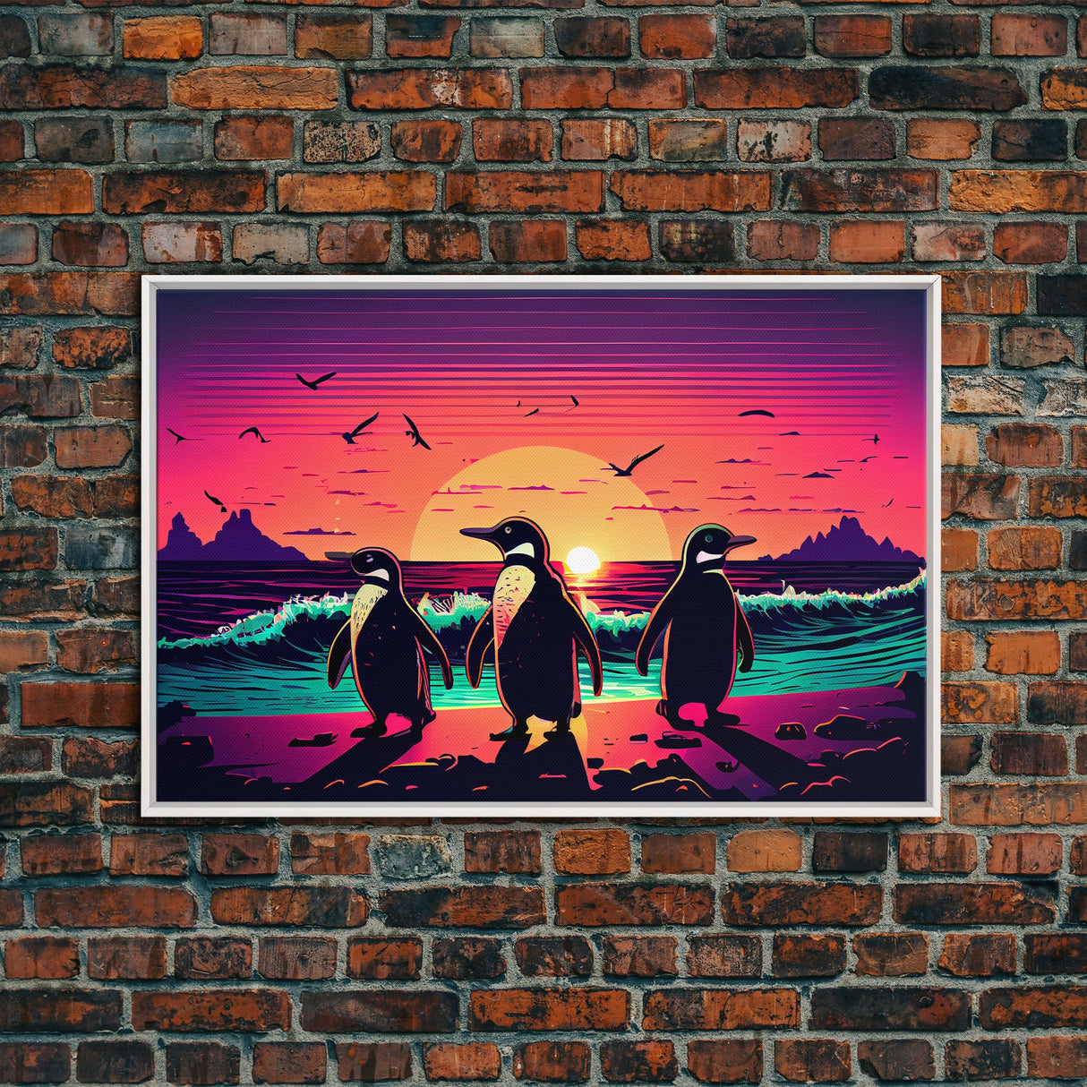 Surfing Penguins walking on the beach, retrowave art, framed canvas print, animal art