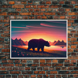 Grizzly bear at sunset, cool nature art, animal print, framed canvas print, wall decor for bedroom / guest room