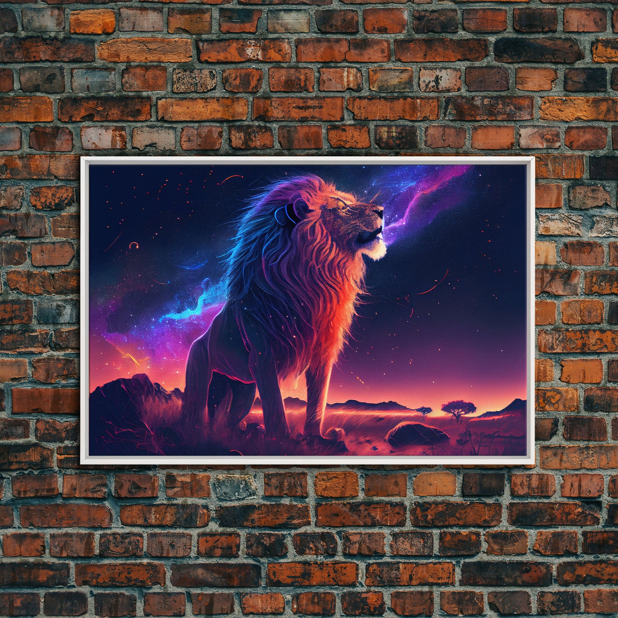 The Lion and the Galaxy, unique vibrant synthwave wall art, framed canvas print, animal lion print