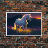 Vibrant portrait of a white horse in a field of flowers, vaporwave aesthetic art, animal prints, framed canvas print, colorful wall art