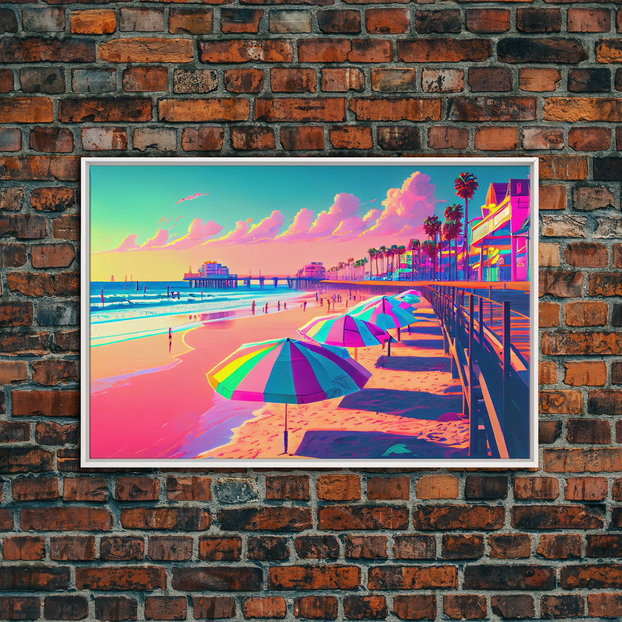 Neon Pastel wall art, vaporwave aesthetic boardwalk, neon beach, framed canvas print