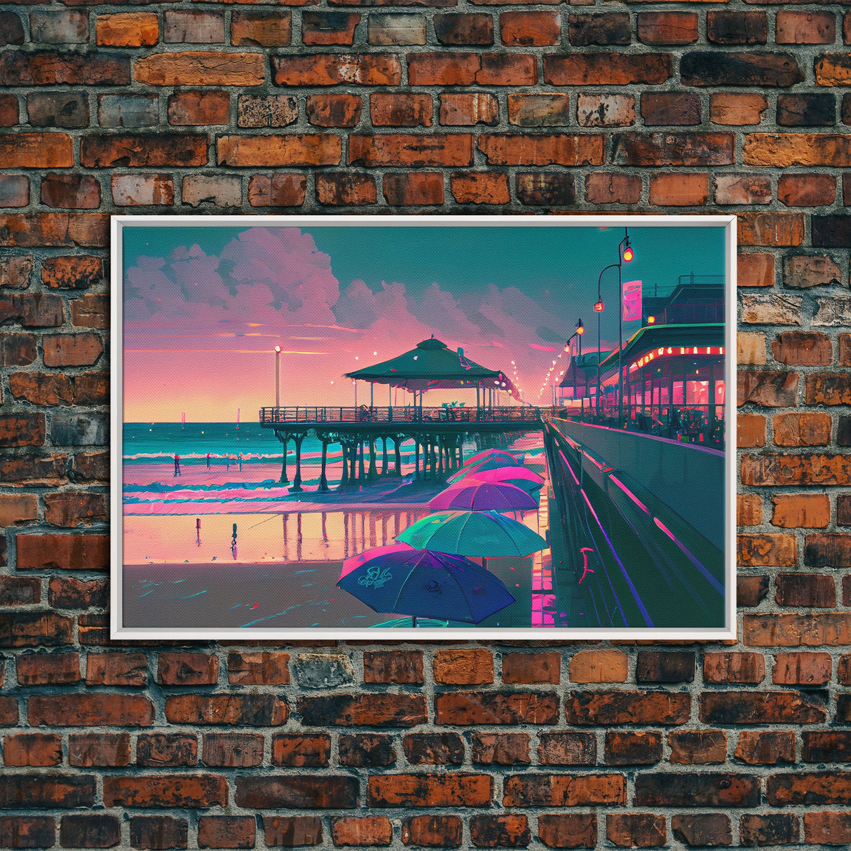 Neon Beach, cool beach house wall decor, synthwave pier and boardwalk, framed canvas print, framed wall art