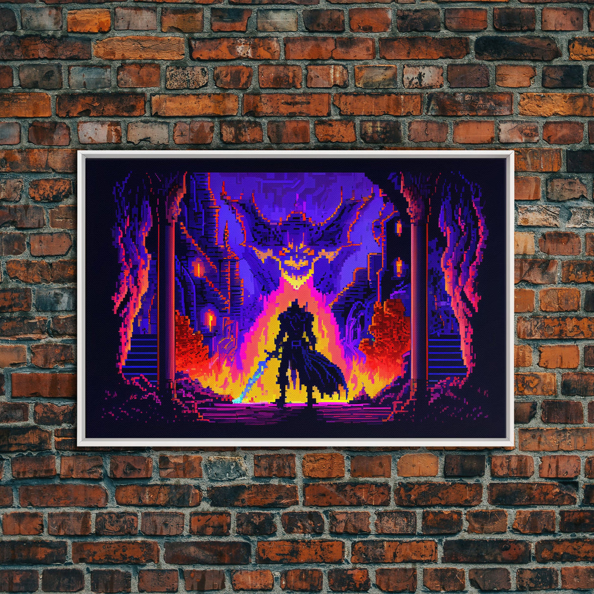 8 bit Pixel art, RPG video game concept art, Paladin faces the Dragon, synthwave style, framed canvas print