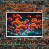 Gold fish art, Aquarium canvas print, framed ocean wall art, school of koi