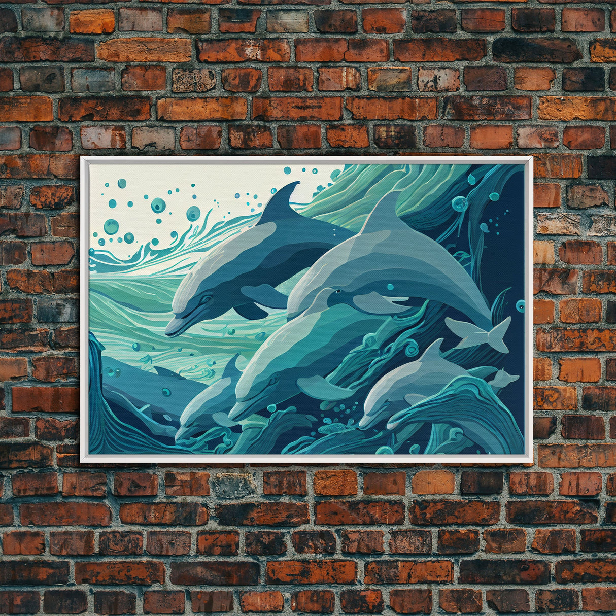 Dolphins in the Ocean, Turquoise dolphin art, framed canvas print, wall art with frame