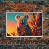 Cute Koala bear at sunset, vaporwave animal art, framed canvas print, framed wall art, ready to hang