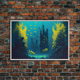 Underwater castle fantasy art, 8 bit pixel art for videogame room, framed canvas print