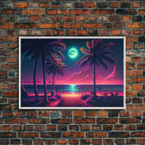 Outrun style full moon lit beach, framed canvas print, synthwave palm tree & beach art