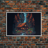 Secluded log cabin in the woods with a waterfall behind it, 8 bit pixel art, framed canvas print