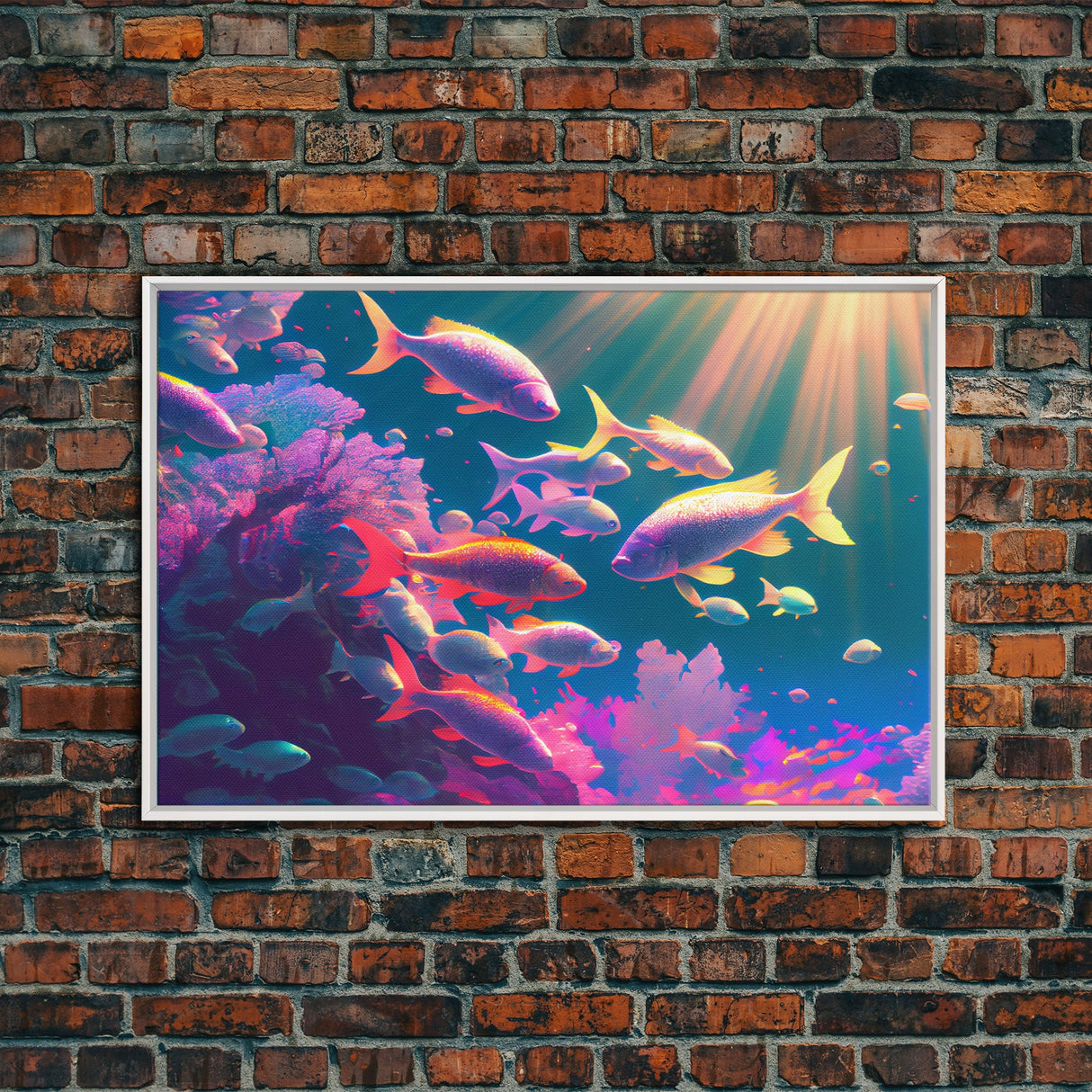 Tropical Reef Art, vaporwave pastel ocean fish art, school of fish art, framed canvas print