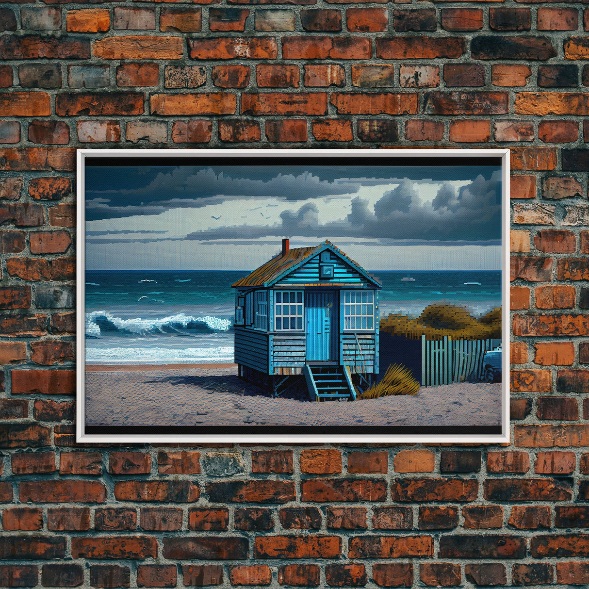 Sea side shack pixel art, New England style beach art, framed canvas print, beautiful lake house art