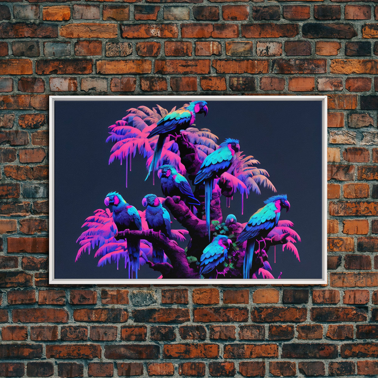 Synthwave Tropical Birds, Parrot Art, Framed canvas print, framed wall decor, vaporwave animal print