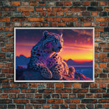 Portrait of a leopard at sunset, vaporwave art, framed canvas print, framed wall art, animal prints