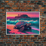 Sea Turtle On Seashore Beach Ocean Sea Sunset Blue Pink Fine Art Print, Wall Art Print, Wall Poster, Wall Decor