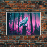 White owl in synthwave forest, vaporwave style animal print art, framed canvas print