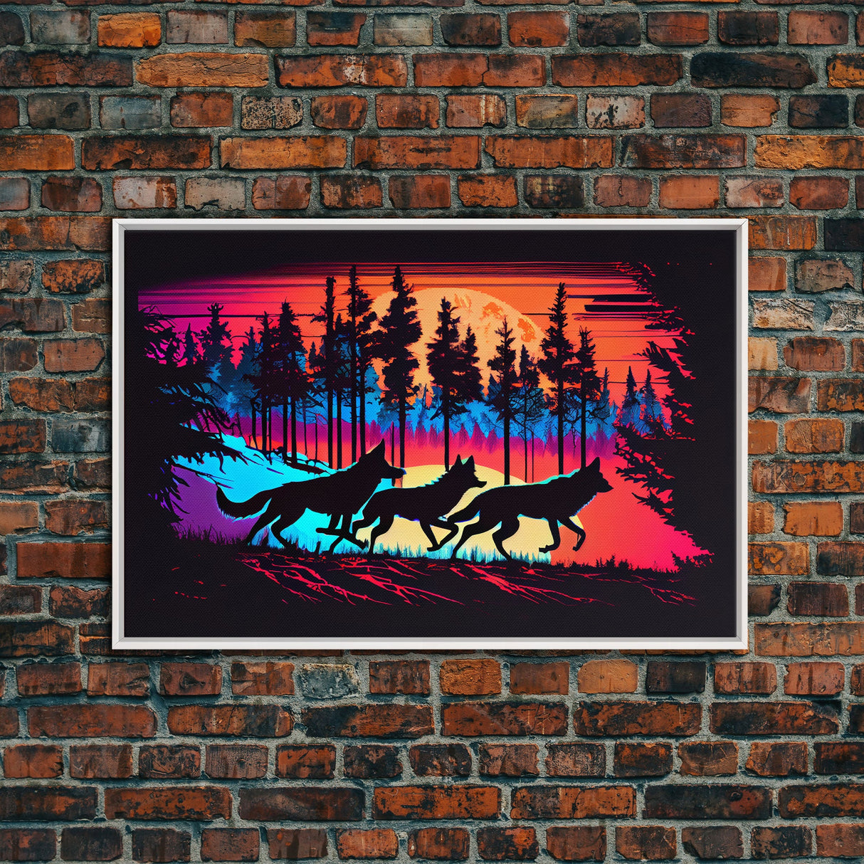 Wolves on the hunt at sunset, synthwave animal art, framed canvas print, vaporwave aesthetic animal art