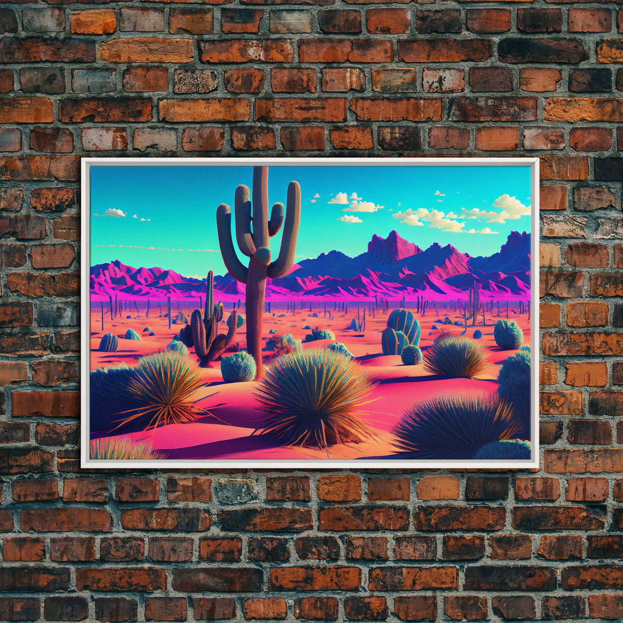 Synthwave Style Cactus Art, Retro Desert Abstract, framed canvas print, Arizona art