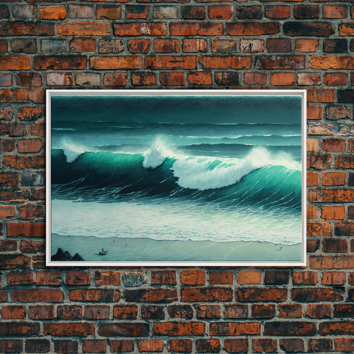 The Monsoon | Beach Art | Framed Canvas Print | Emerald Green Waves | Boho Style Minimalist Painting | Framed Wall Decor Wall Art