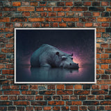 Sleepy Hippo, Animal Prints, framed canvas prints, wildlife art, starry night pastel hue art