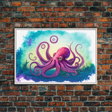 Octopus Art, Animal Prints, Framed Canvas Print, Ocean Themed Wall Art