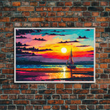 Sailing at Sunset, Watercolor Painting Canvas Print, Framed Wall Art, Unique Sunset Pop Art Ocean Landscape Decor