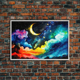 Rainbow Starry Night Sky, Milky Way Galaxy Abstract, Framed Canvas Print, Unique Scifi Space Art, Nursery Art For Kids