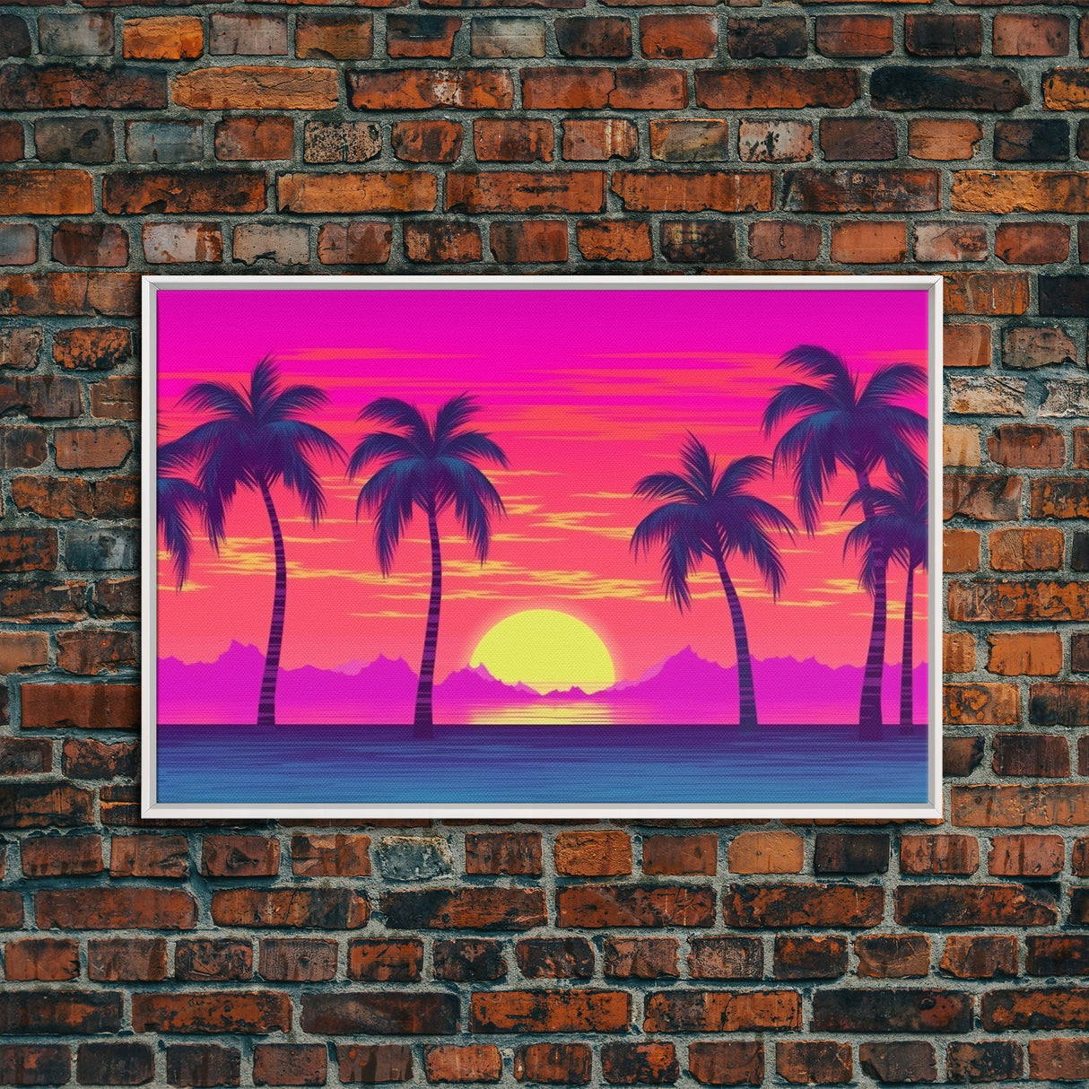 Beach sunset Wall Art, Framed Canvas Print, Colorful painting, Vibrant art, Synthwave Style, Warm Colors, Pop Art style, Tropical art