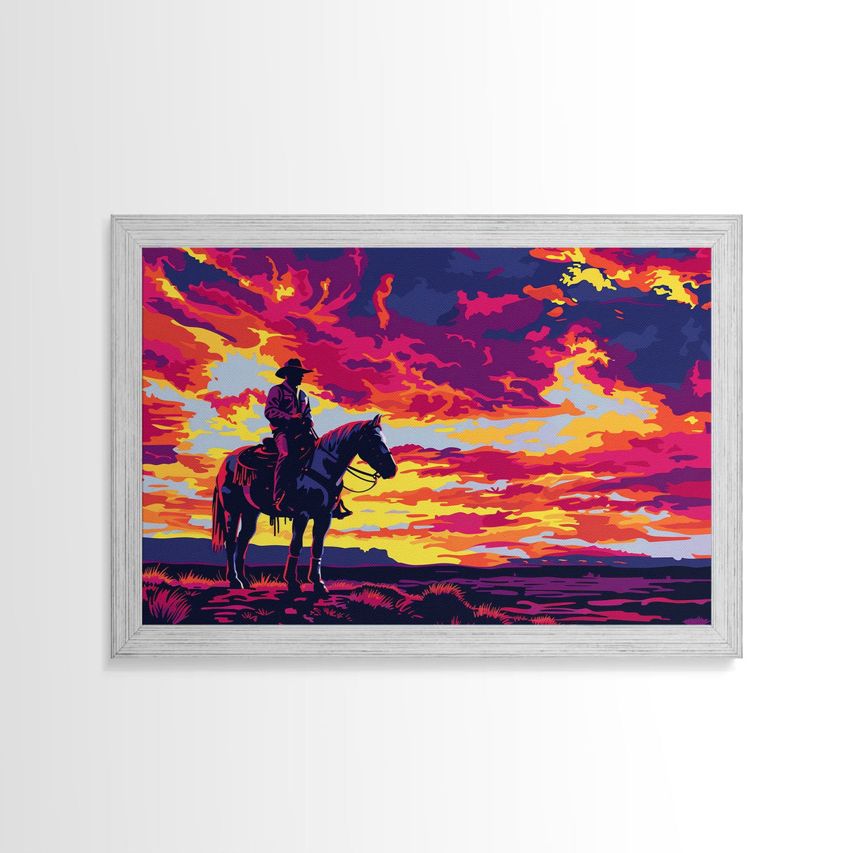 Pop Art Sunset Cowboy Painting Framed Canvas Print, Wild West Wall Art, Cowboy Print, Western Decor, Kitsch Whimsical Art