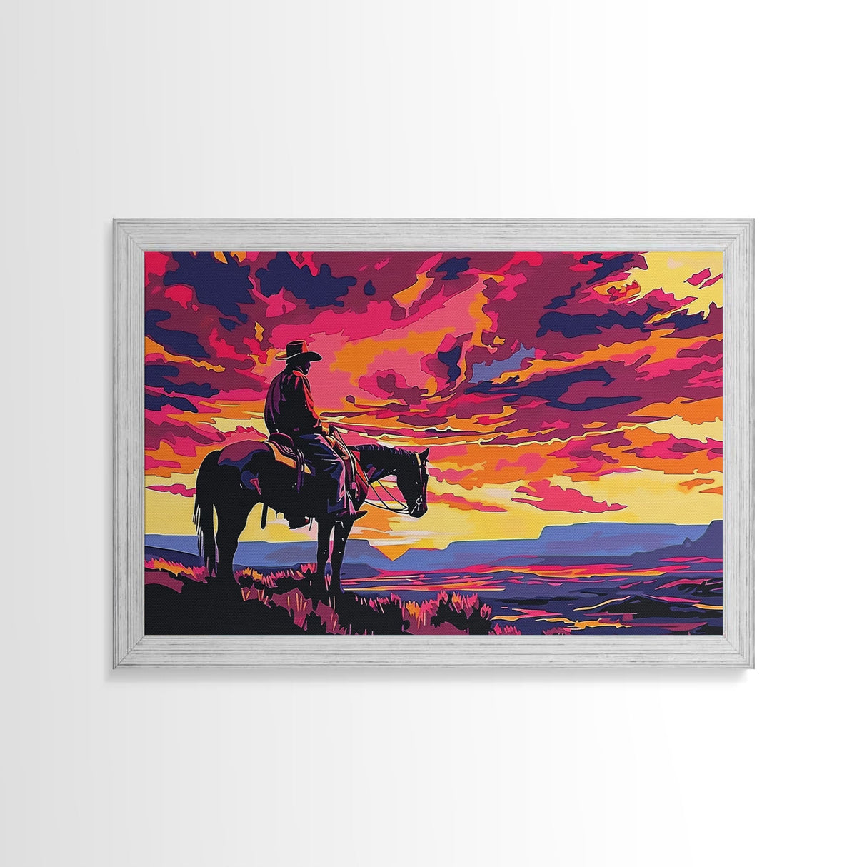 Wild West Cowboy At Sunset Framed Canvas Print, Pop Art, Watercolor Painting, Room Decor Western Aesthetic