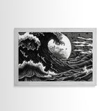 Ocean Wave Wall Art Framed Canvas Print, Unique Wall Art, Hokusai Inspired Japanese Style Wall Art, Oversized Art Ocean Print, Retro Art