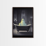 Funny Halloween Art, Ghost Takin' A Bath, Framed Canvas Print, Halloween Canvas, Ghost In The Tub, Goofy Gothic Victorian Art