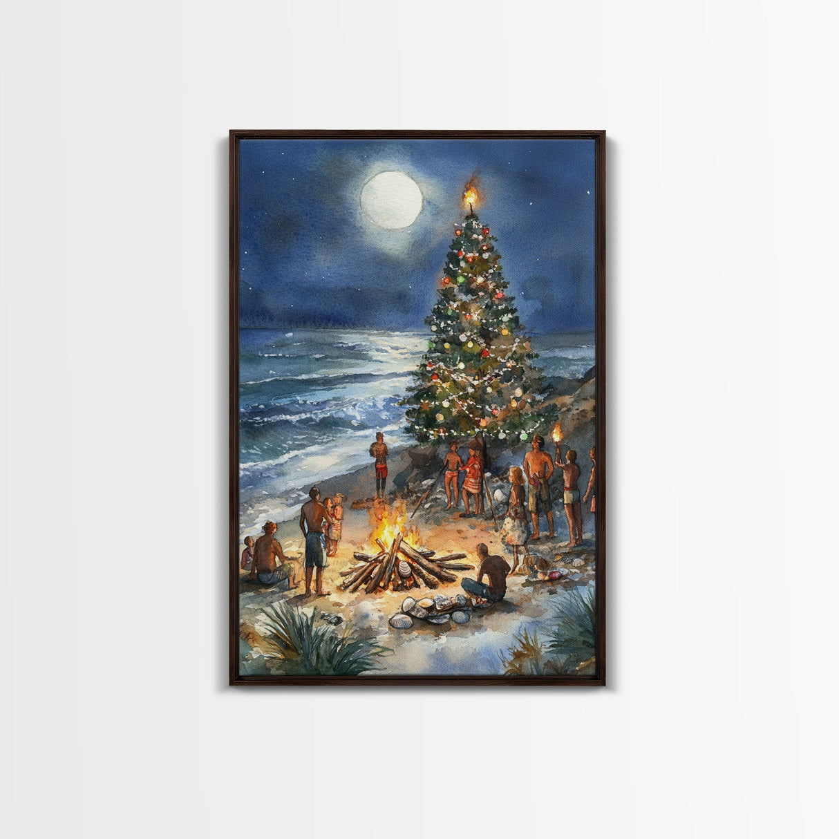 Christmas At The Beach, Framed Canvas Print, Christmas Decor, Christmas Art, Christmas Art Prints, Tropical Christmas, Beach House Art