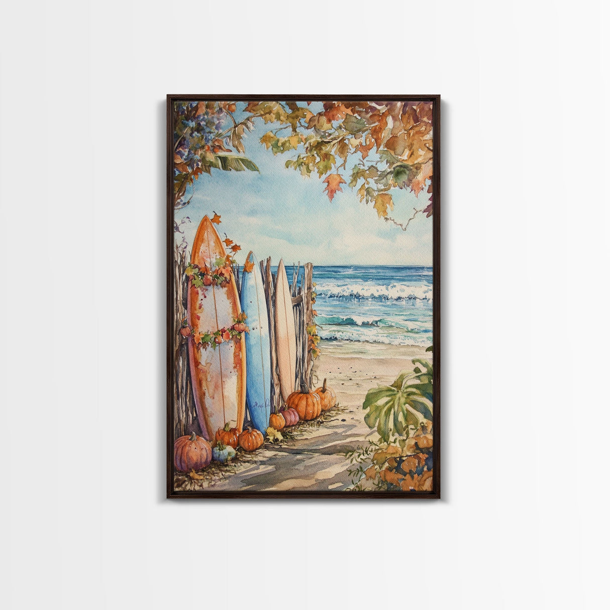 Surfboards In The Fall, Surfer Thanksgiving Wall Art Framed Canvas Print, Tropical Decor, Beach Art