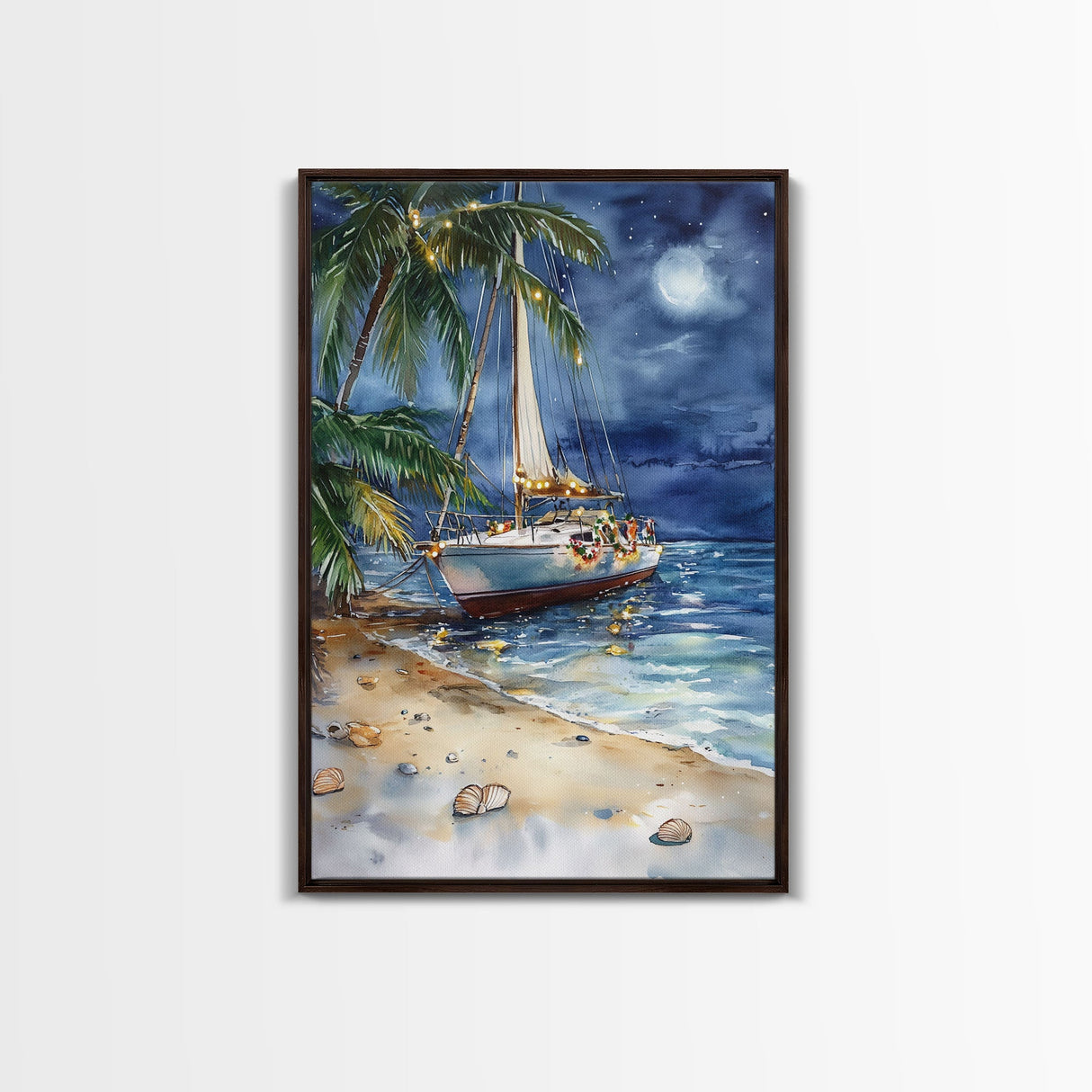 Sailboat On The Beach At Christmas, Framed Canvas Print, Christmas Home Decor / Gift, Christmas Wall Print