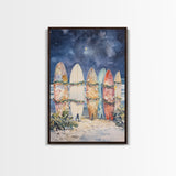 Christmas Surfboards On A Snowy Beach, Framed Canvas Print, Tropical / Nautical Christmas Art or Gift Idea, Christmas Poster