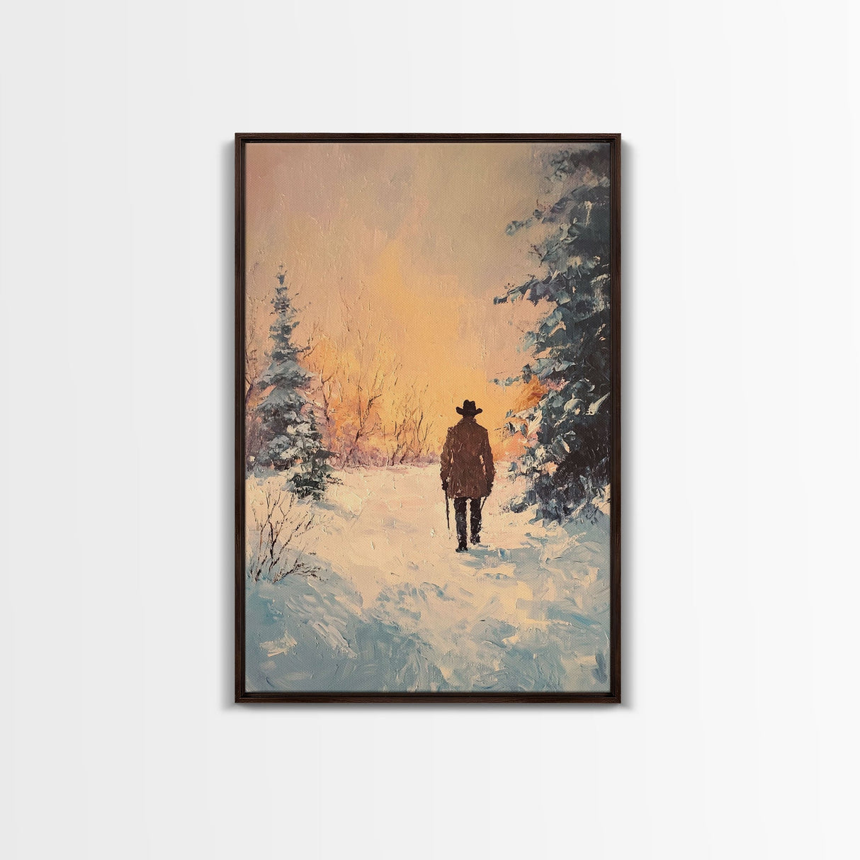 Lone Cowboy in Snowy Forest Canvas Print, Winter Wonderland Western Art, Christmas Wall Art Gift, Seasonal Holiday Decor, Tall Canvas Print