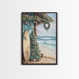 Surf Shack Christmas Framed Canvas Print, Beachfront Holiday Scene with Decorated Tree Surfboard, Coastal Wall Art Tropical Christmas Decor