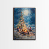 Christmas by the Bonfire Framed Canvas Print Family Gathering Around Christmas Tree Beach, Coastal Holiday Wall Art Nautical Christmas Decor