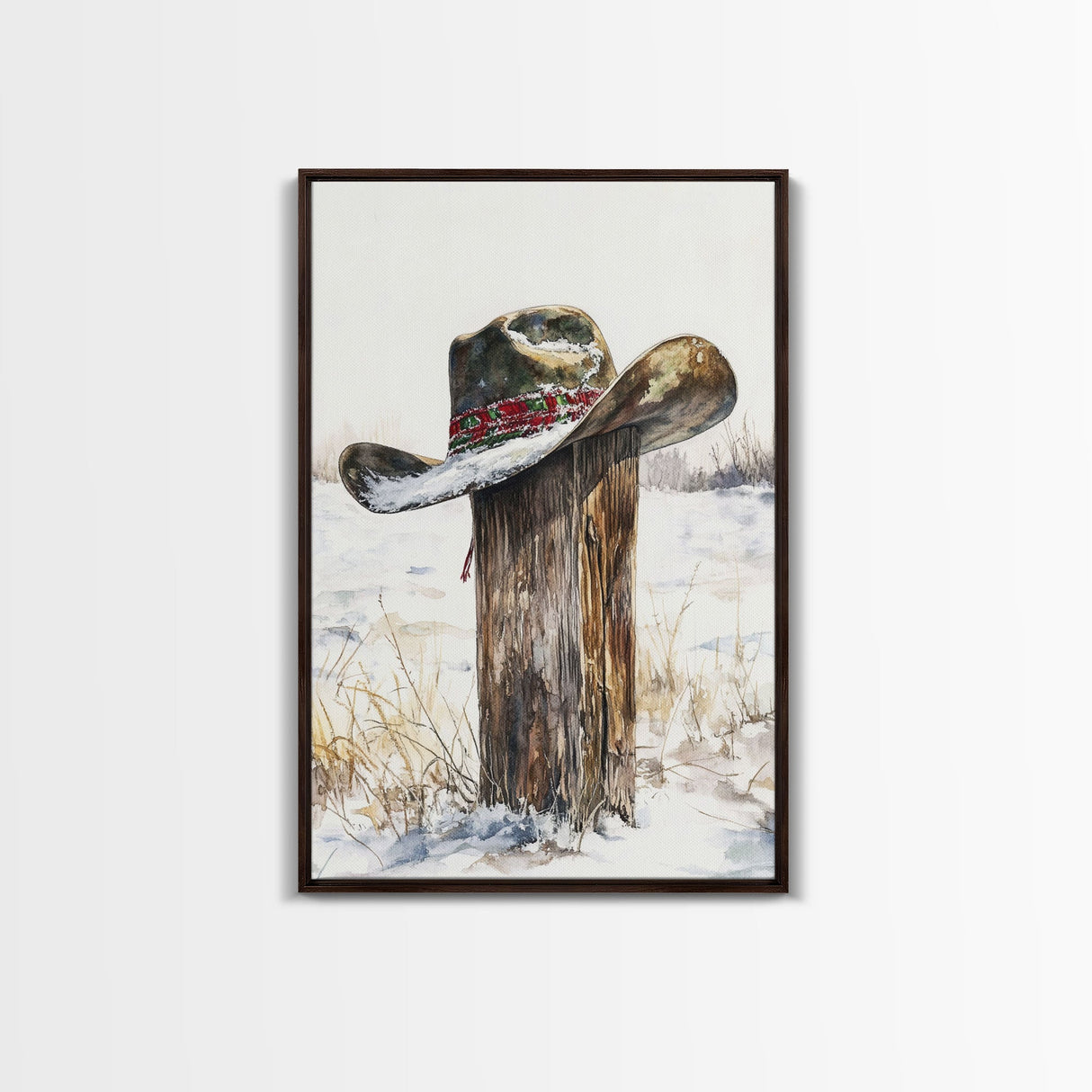 Rustic cowboy hat on snow-covered post, Framed Canvas Print, winter western decor, farmhouse Christmas art, above sofa art rustic homes